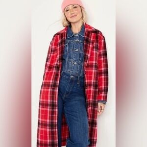 Red Pink Black Plaid Women's Overcoat Flannel Jacket Coat NWT